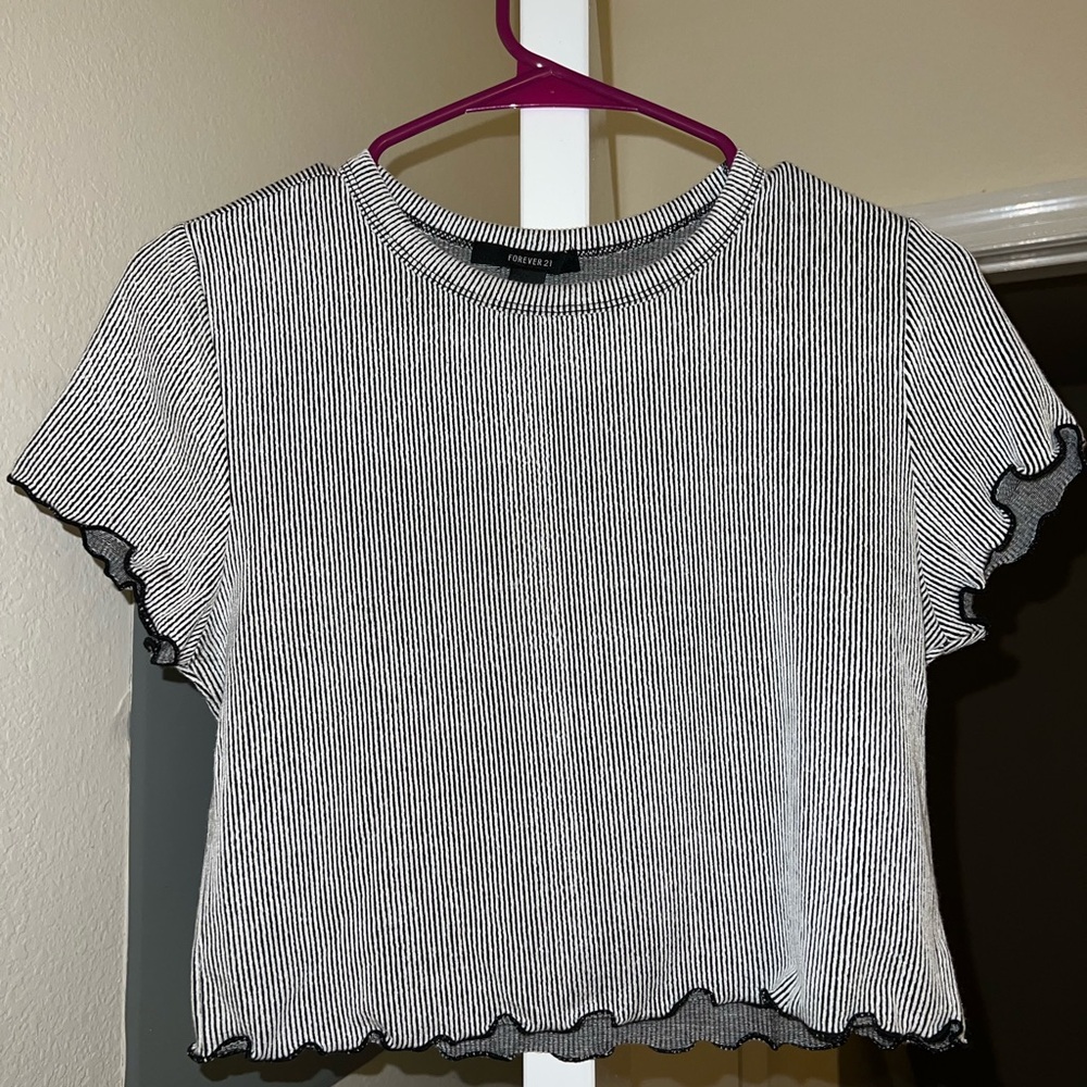 Forever 21 Navy & White Stripe Ribbed Crop T-Shirt